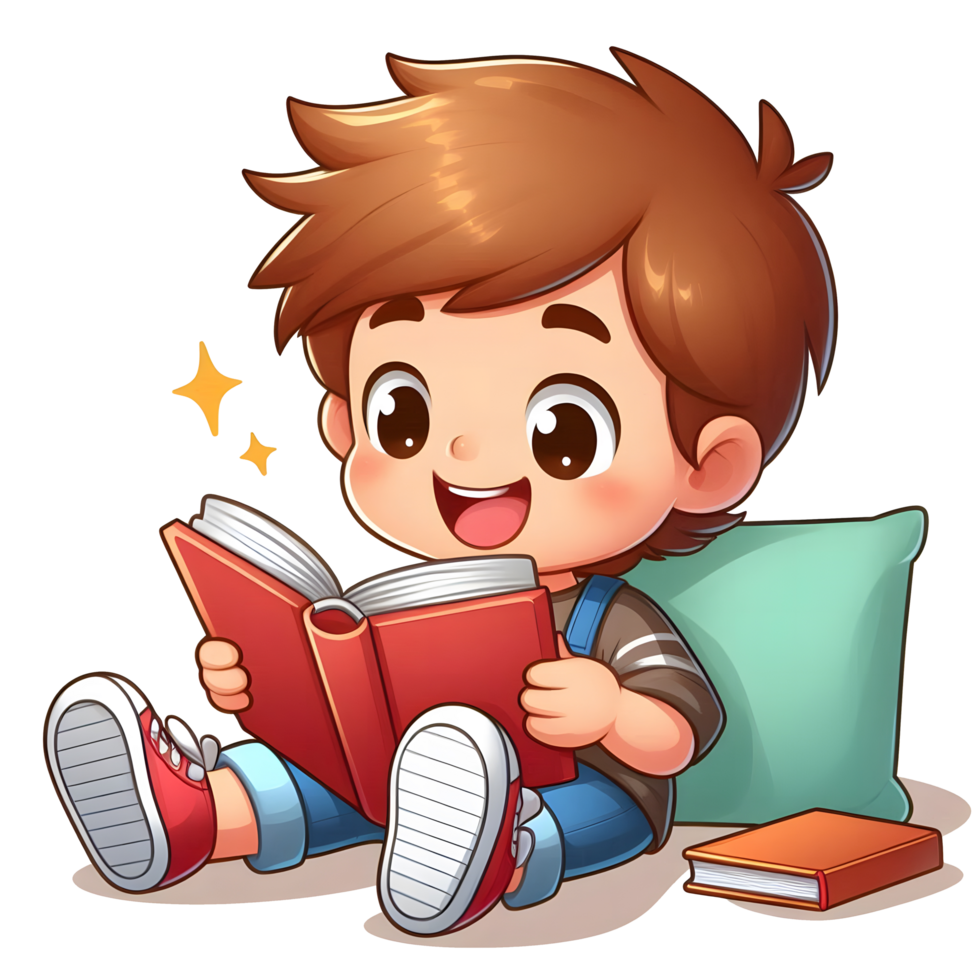 Boy Kid Reading Book Cartoon Isolated on transparent background