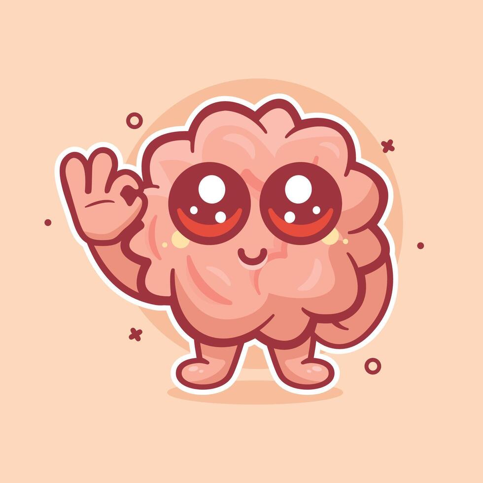 smiling brain organ character mascot with ok sign hand gesture isolated cartoon vector