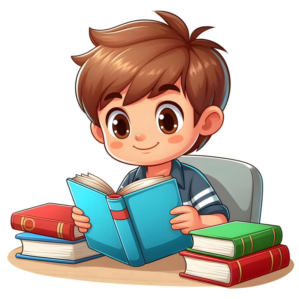 Boy Kid Reading Book Cartoon Isolated on transparent background