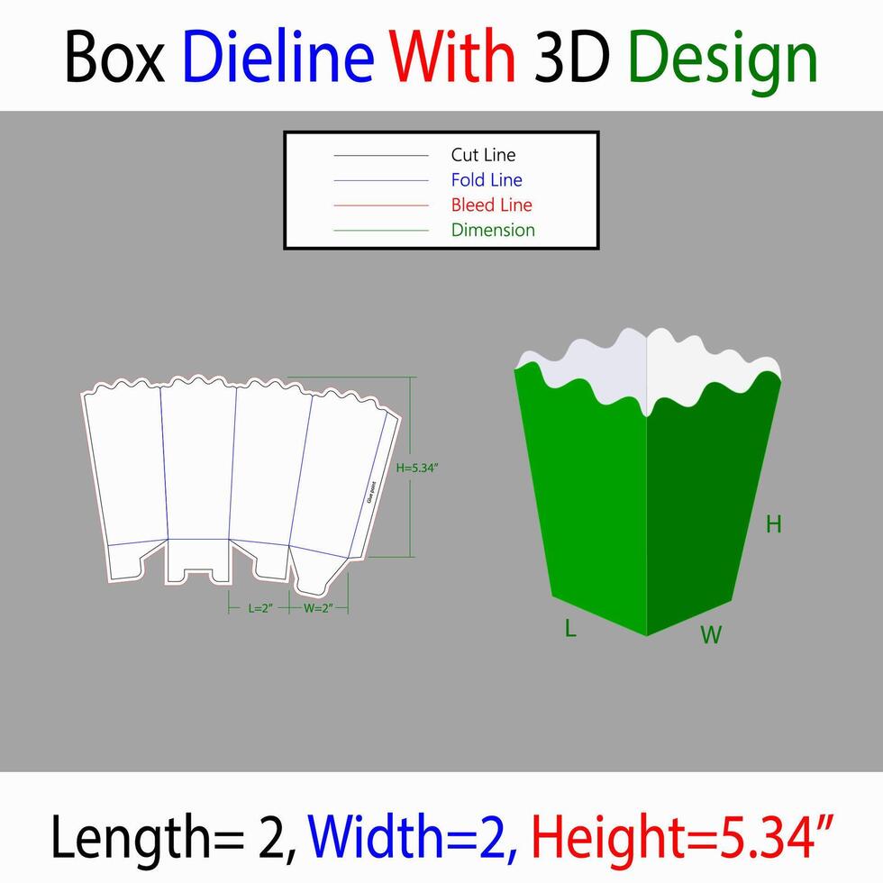 Sanp Lock Popcon Box 2x2x5.34 inch Dieline Template With 3d Design vector