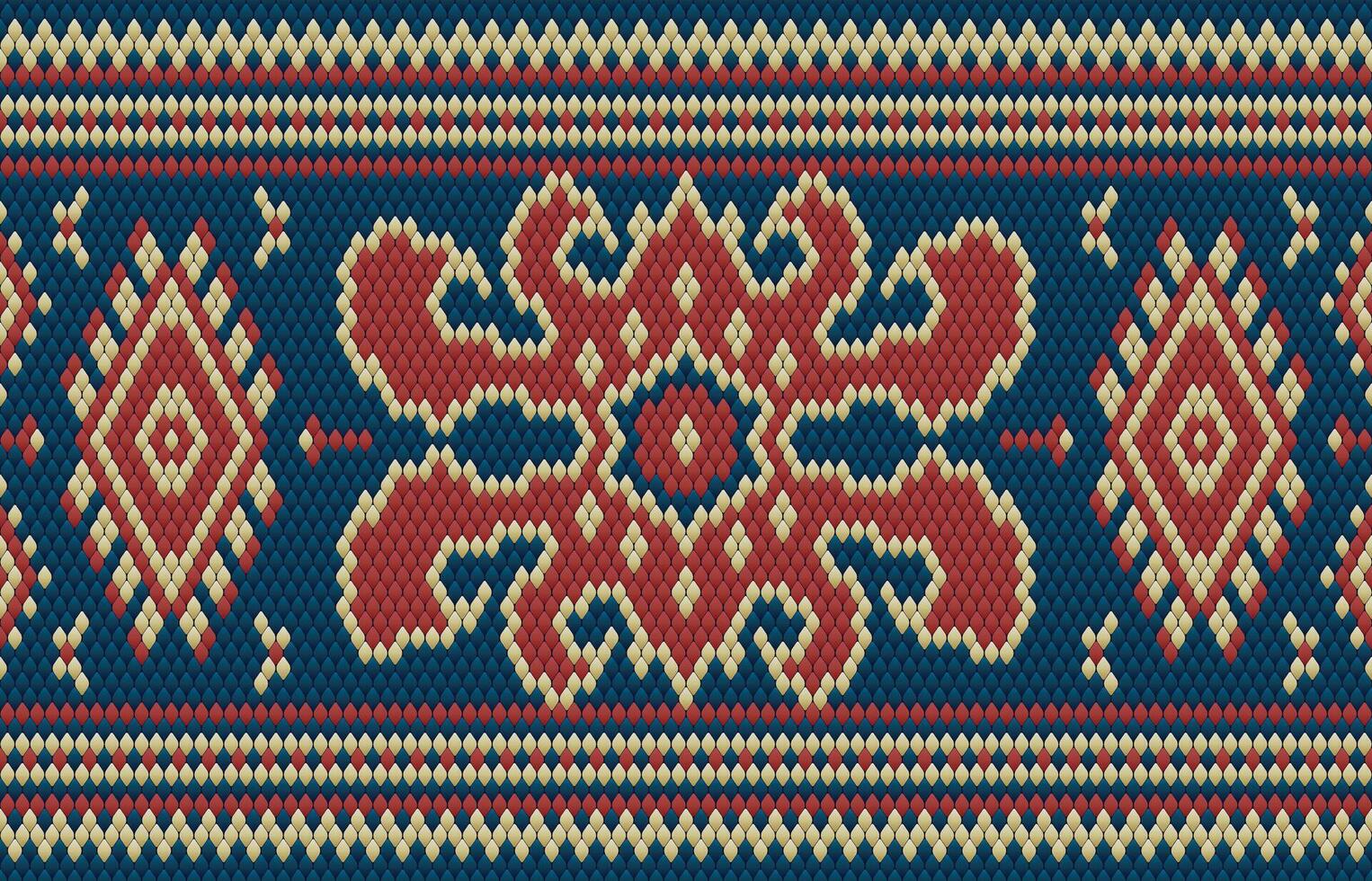 Knitted pattern seamless fabric blue color tone. traditional knitted pattern ethnic style. Designed for background ,wallpaper ,carpet ,clothing ,knitted pattern ,fabric ,pixel art ,textile vector
