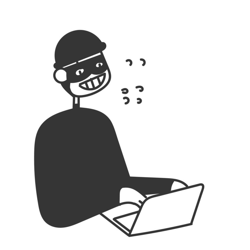 hand drawn doodle criminals person use laptops for cyber crime illustration vector