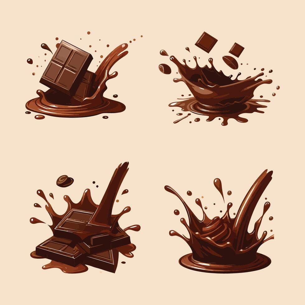 Set of Chocolate Splash. Chocolate bar, drop tasty fluid, dessert splash illustration. vector