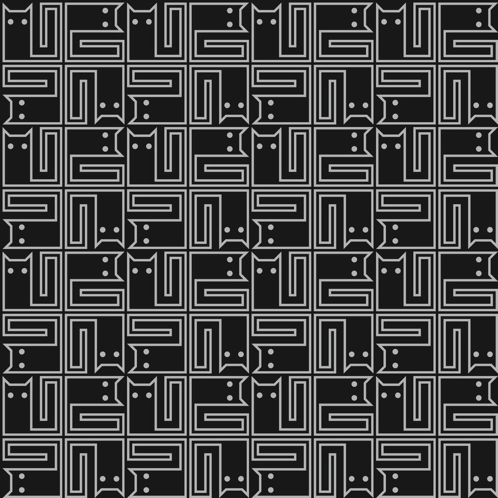 seamless repeat pattern abstract cat in white outline style with black background vector