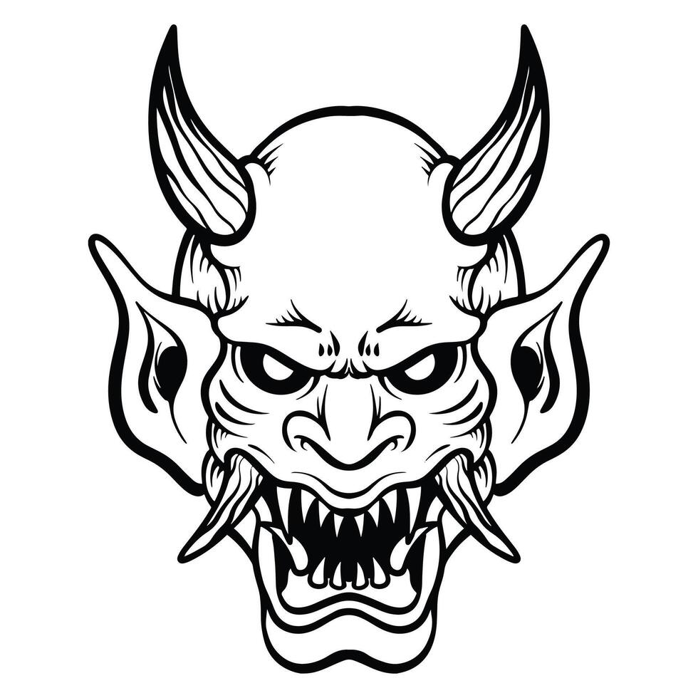 Hand-drawn illustration of a Japanese oni mask vector