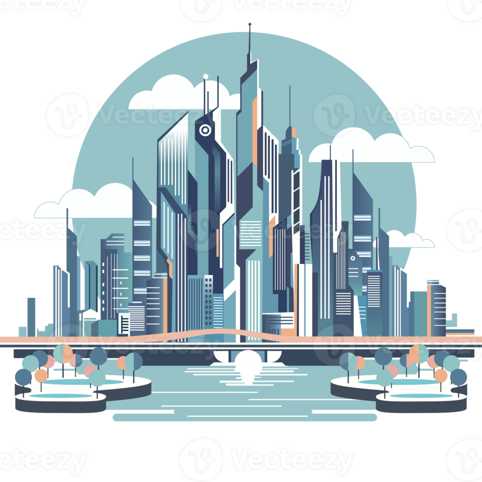 abstract futuristic city skyline, future city background, retro illustration, flat illustration png