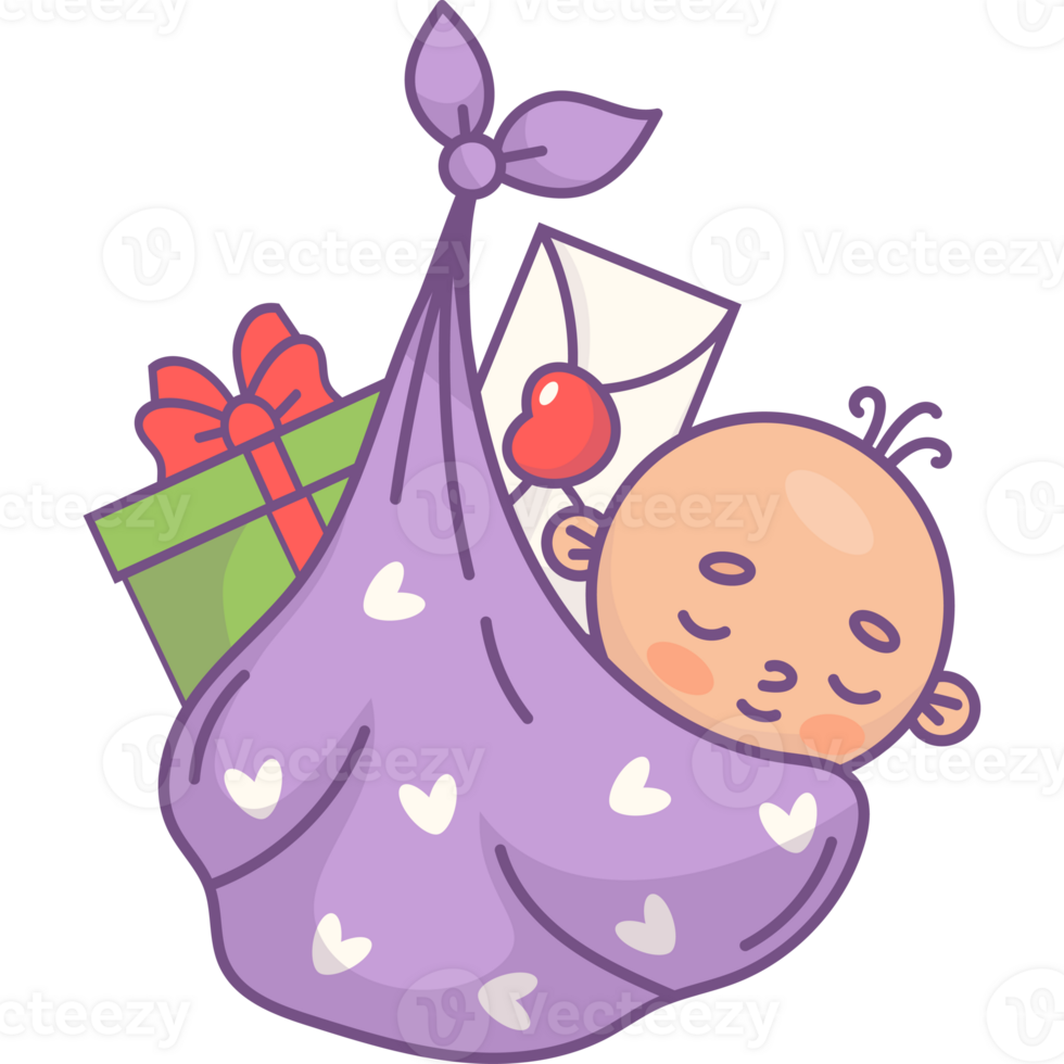 Cute newborn in bag bundle with gifts png