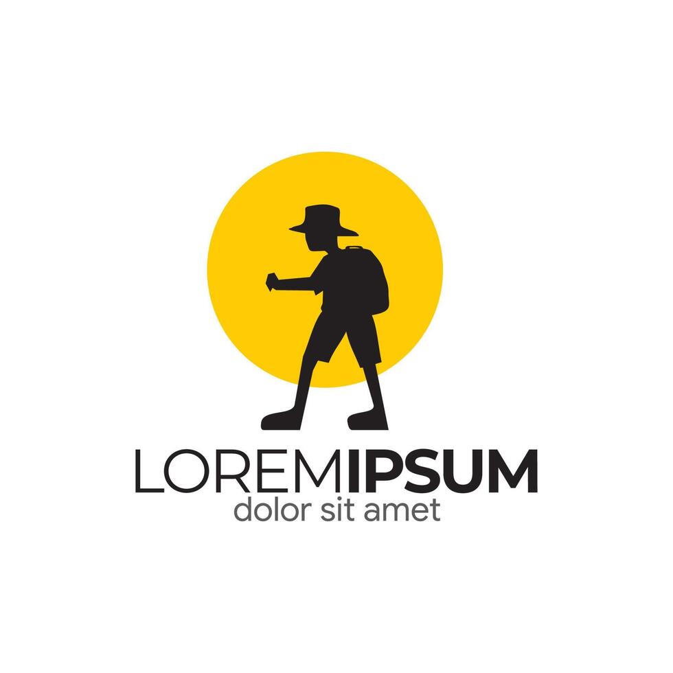 Adventure person silhouette logo in yellow circle, icon for travel, visit, expedition. vector