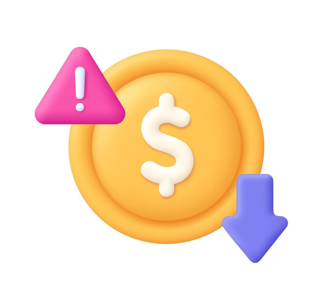 Coin with warning sign and arrow down. Money decrease, falling value, currency depreciation, price down, profit loss, warning of financial crisis, recession. 3d icon. Cartoon minimal style. vector