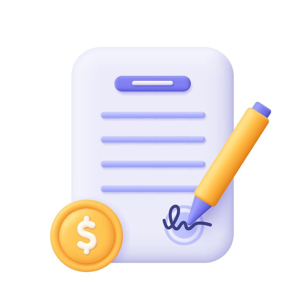 Document with pen, signature and coin with dollar sign. Business report or contract sheet. Project development, business, finance and loan concept. 3d icon. Cartoon minimal style. vector