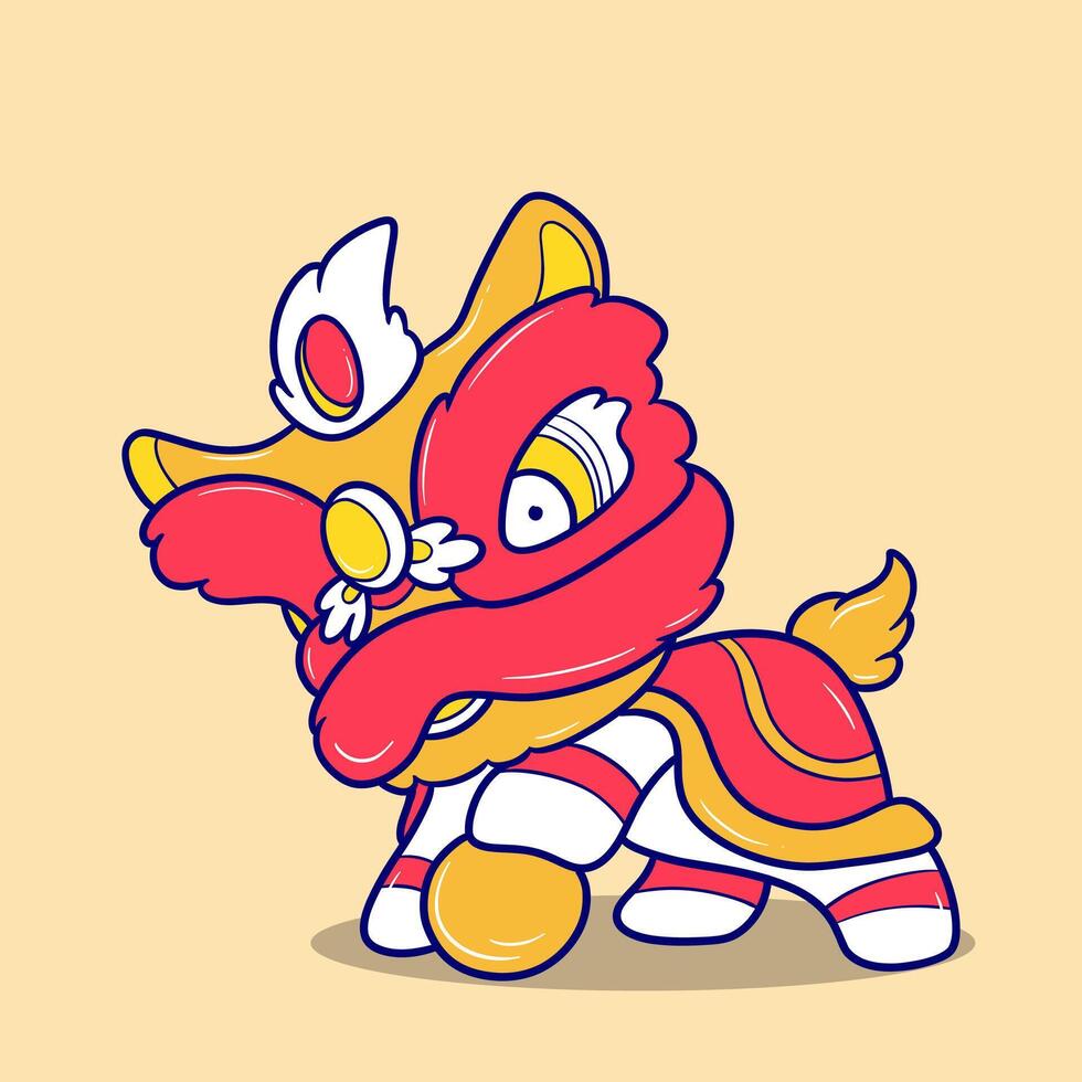 cute traditional chinese lion dance cartoon vector
