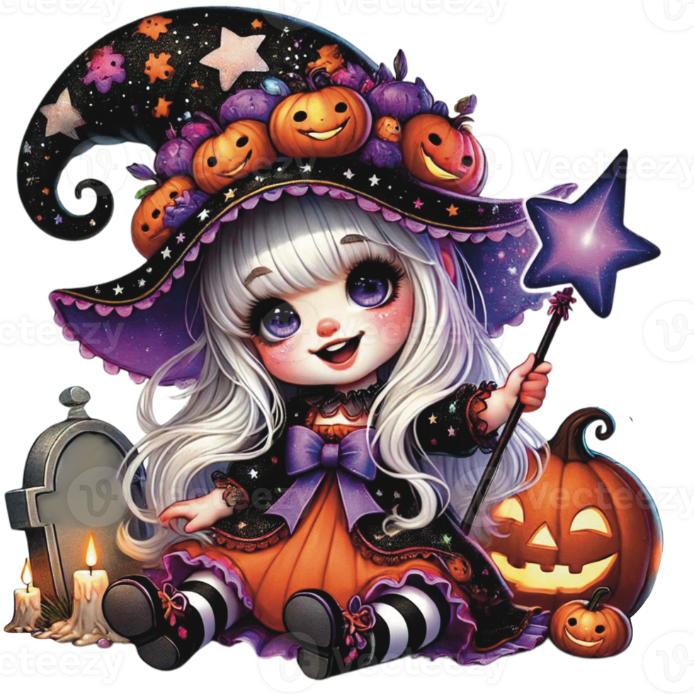 Little Witch with Jack-o'-Lanterns and Star Wand in Halloween Scene , isolated on transparent background png
