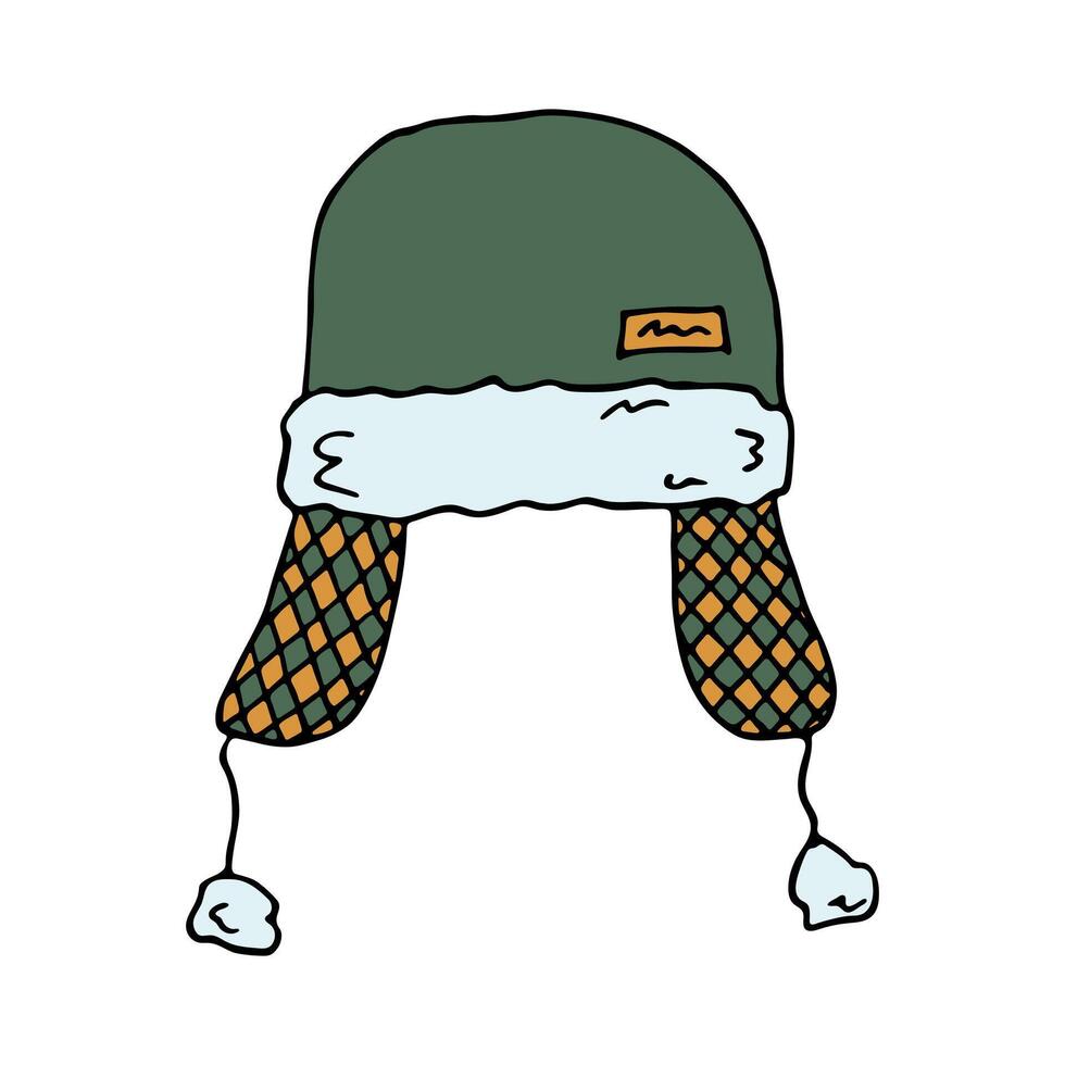 Ear flap hat doodle Hand drawn winter accessories. Single design element for card, print, design, decor vector