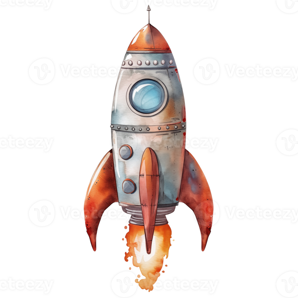cute watercolor rocket in space on isolated background png