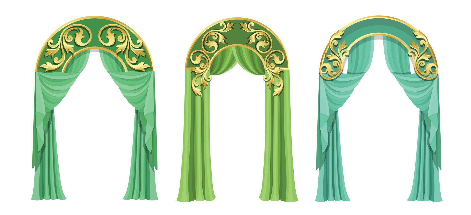 Realistic luxury Green curtains in victorian style isolated on background. Decorative silk cloth with folds for cinema, theater, concert posters. vector