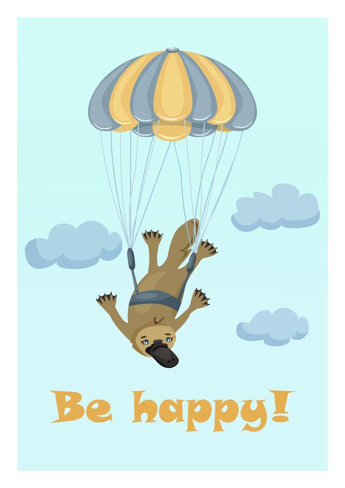 Childrens cute animal card. Duck-billed platypus flying with a parachute in the clouds. Duckbill. Poster for nursery, kindergarten, children clothes. vector