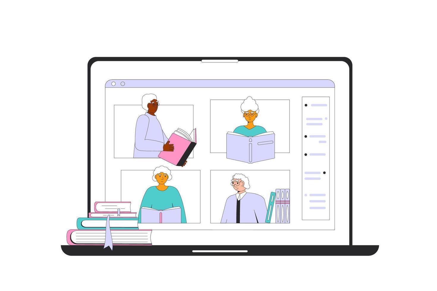 Group of elderly people reading books on call. vector