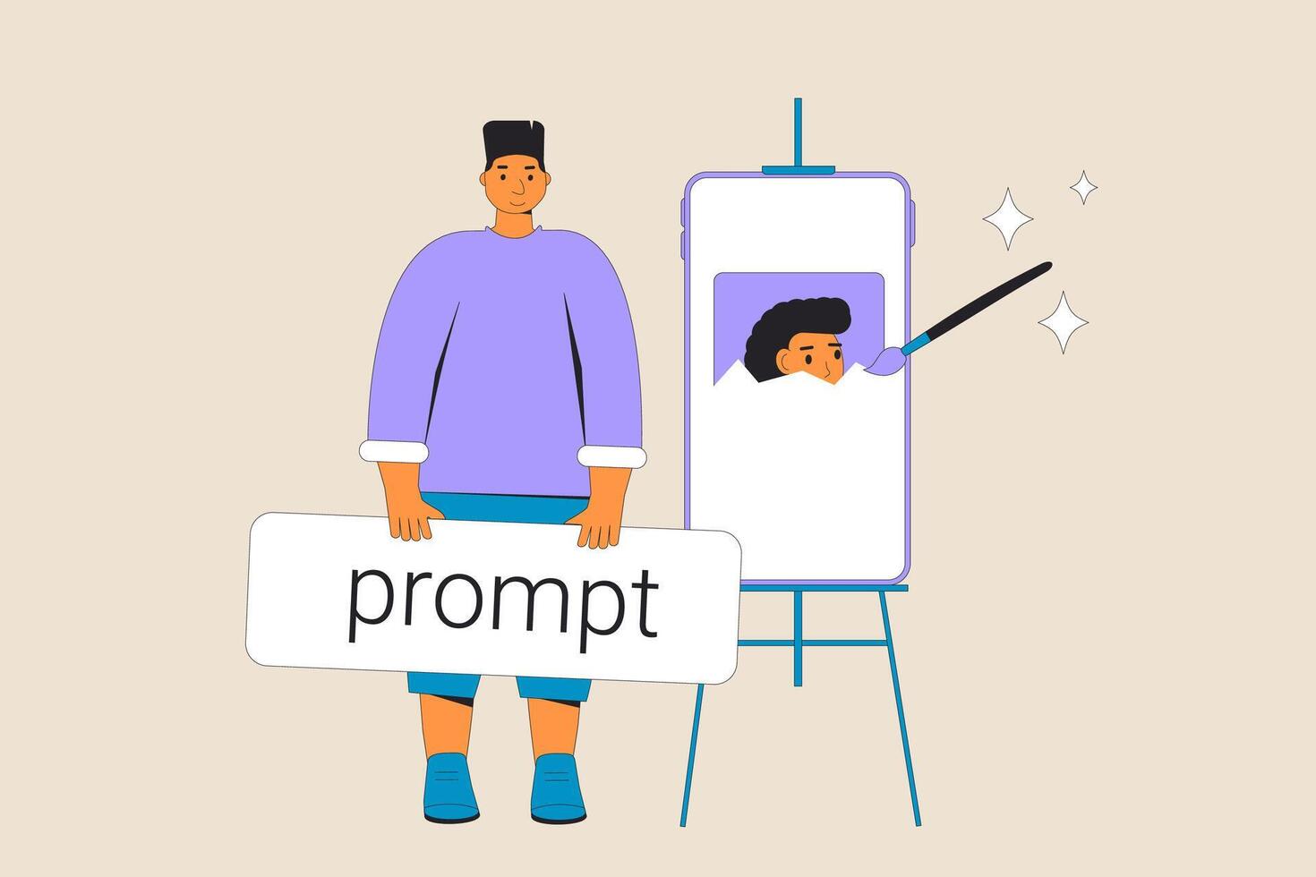 Prompt engineering. Man standing near unfinished painting on the easel. vector