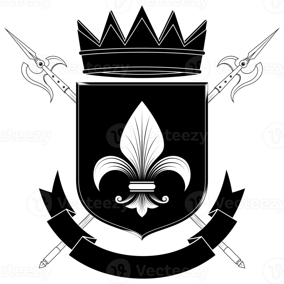 Heraldic shield of the middle ages, coat of arms with heraldic symbol of fleur-de-lis and halberd, in black and white silhouette and lines style png