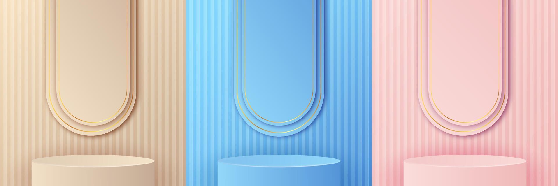 Set of realistic 3D cylindrical podiums in pink, yellow and blue, placed in an arched window. Create an abstract studio with geometric platform that is suitable for displaying products and promotions. vector