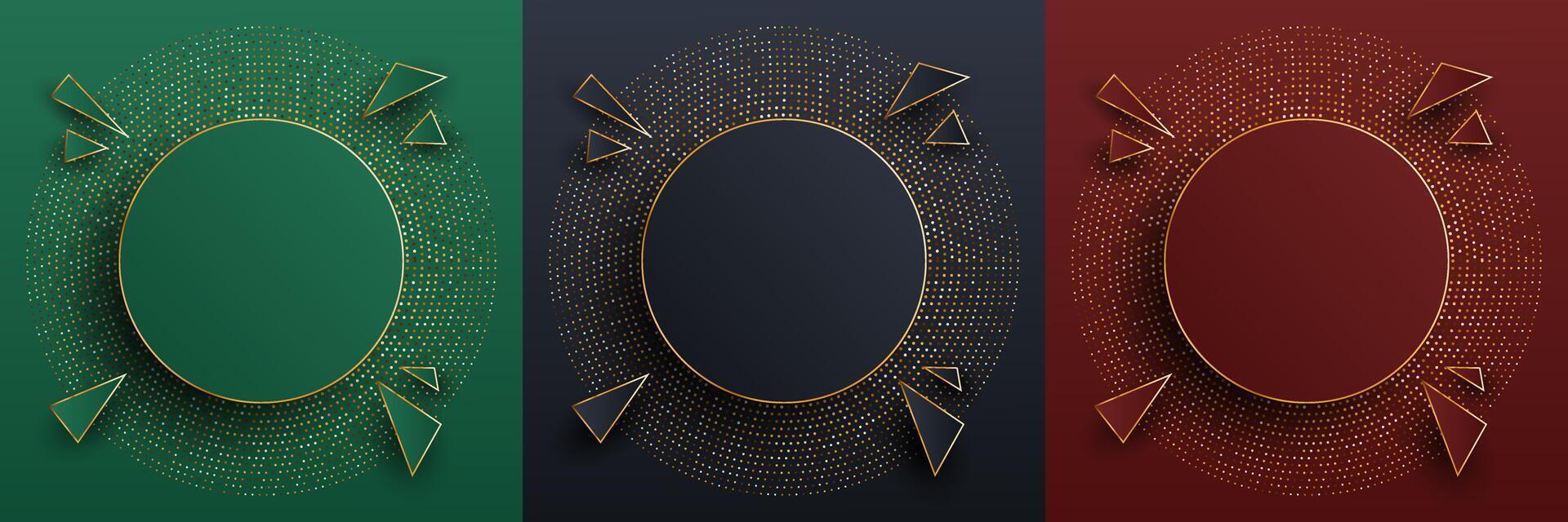 Collection of 3D gold frames on dark black, red and green luxury background. Abstract circle podium for product display or text copy space. Geometric background collection. vector