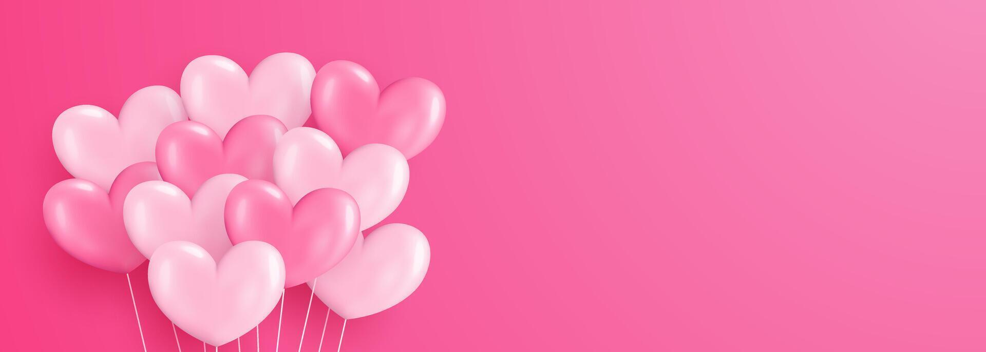 Welcome design in national pink color with realistic flying heart shaped helium balloons. Valentine celebration background, festival, welcome banner, card and poster. vector