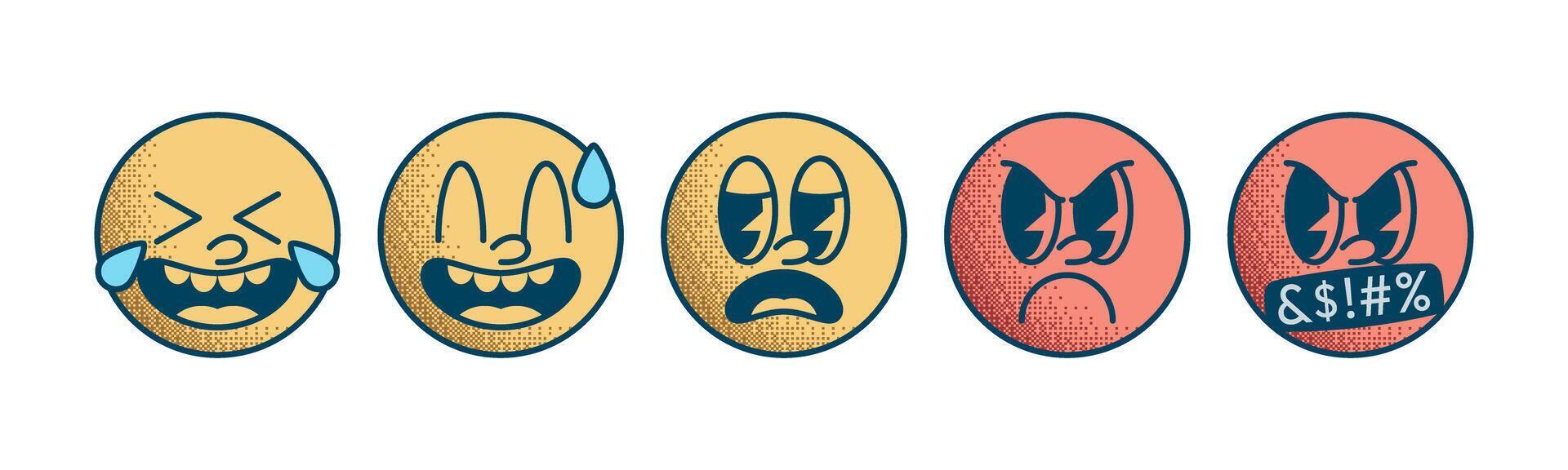 Set Icon Emoji Retro 30s. 50s, 60s old animation eyes and mouths elements. angry, very angry, loud laughter, nervous experience, bored. vector