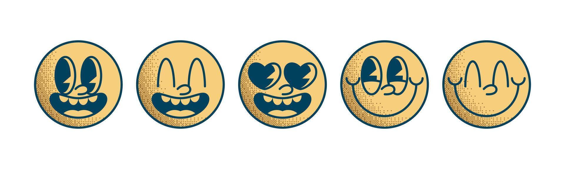 Set Icon Emoji Retro 30s. 50s, 60s old animation eyes and mouths elements. vector