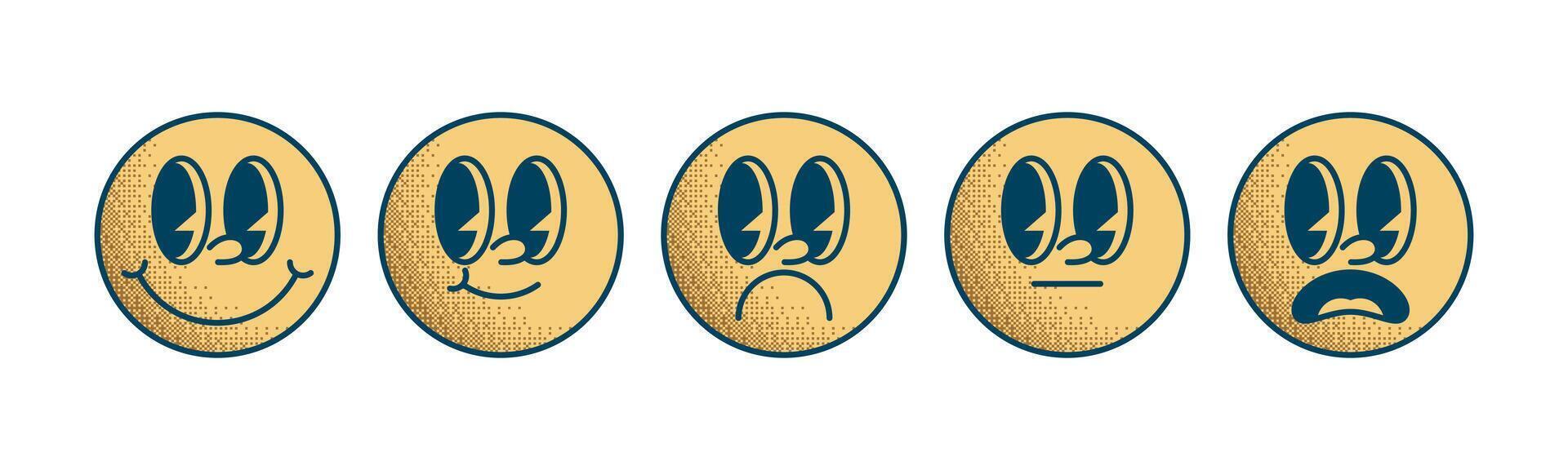 Set Icon Emoji Retro 30s. 50s, 60s old animation eyes and mouths elements. Happy satisfied, smile, neutral, stunned surprised. vector