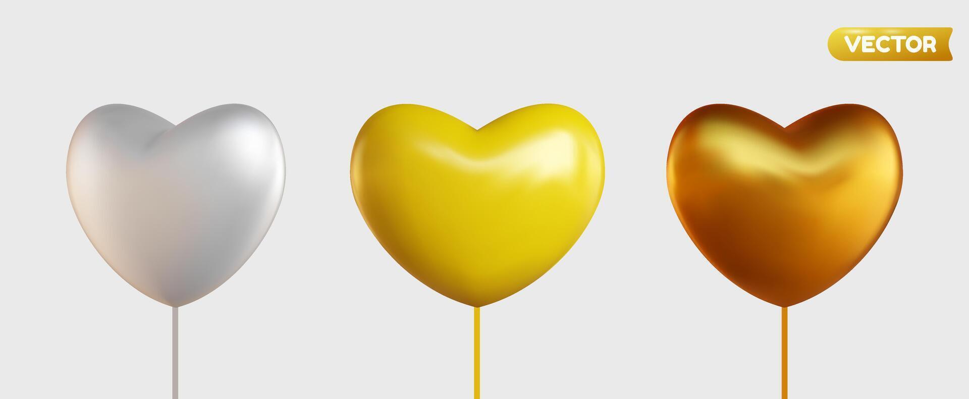 Collection of 3D shiny realistic heart balloons, displayed from different angles. vector