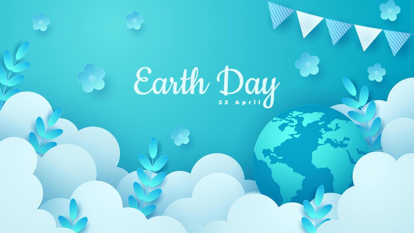 Earth Day banner or poster with paper cut clouds on blue sky. Background with leaves and globe. vector