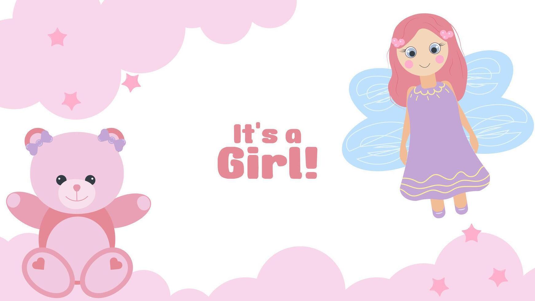 Gender party banner postcard boy or girl. Doll and bear. Baby shower invitation template. illustration. vector