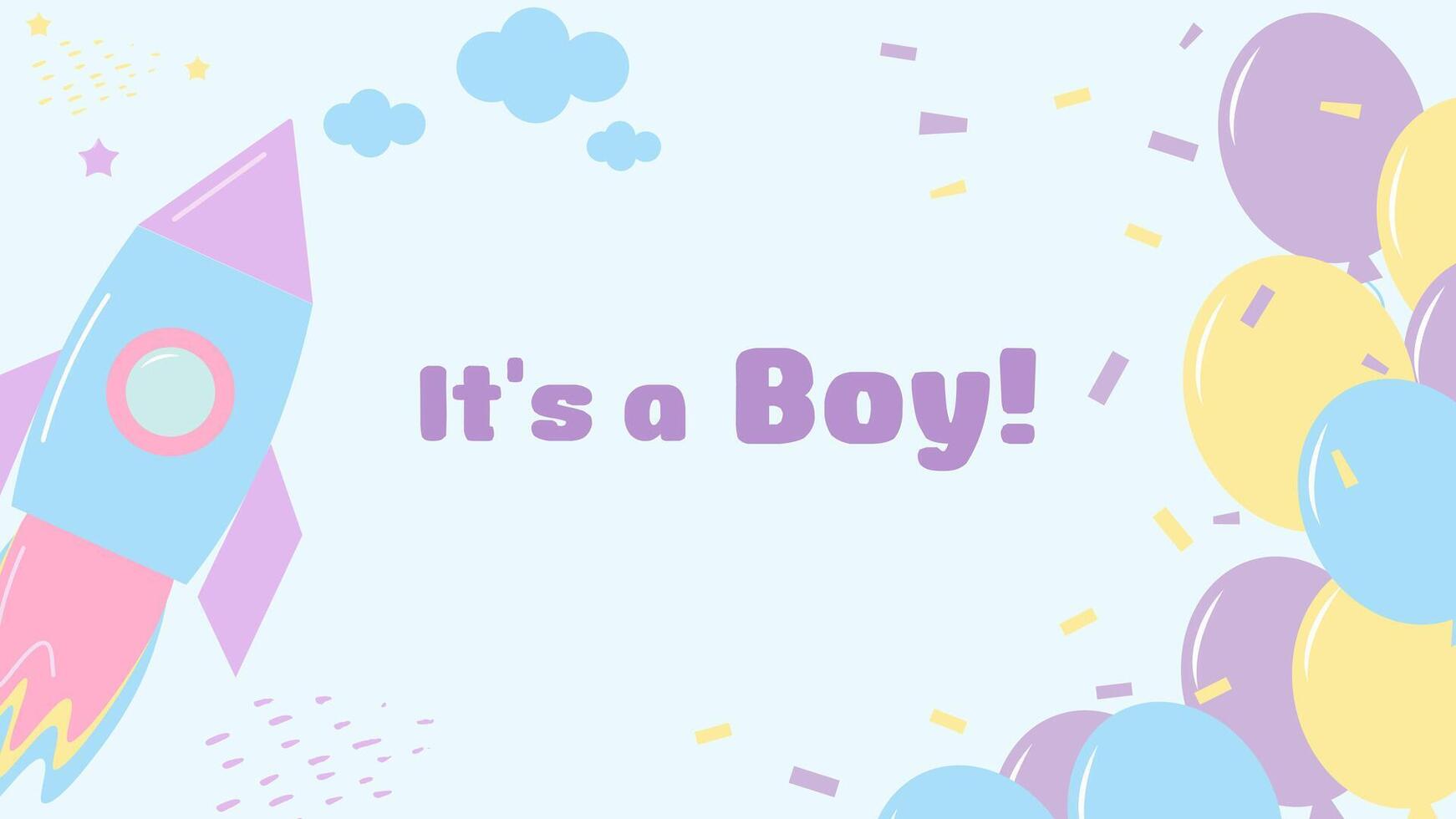 Gender party banner postcard boy or girl. Rocket and balloons. Baby shower invitation template. illustration. vector