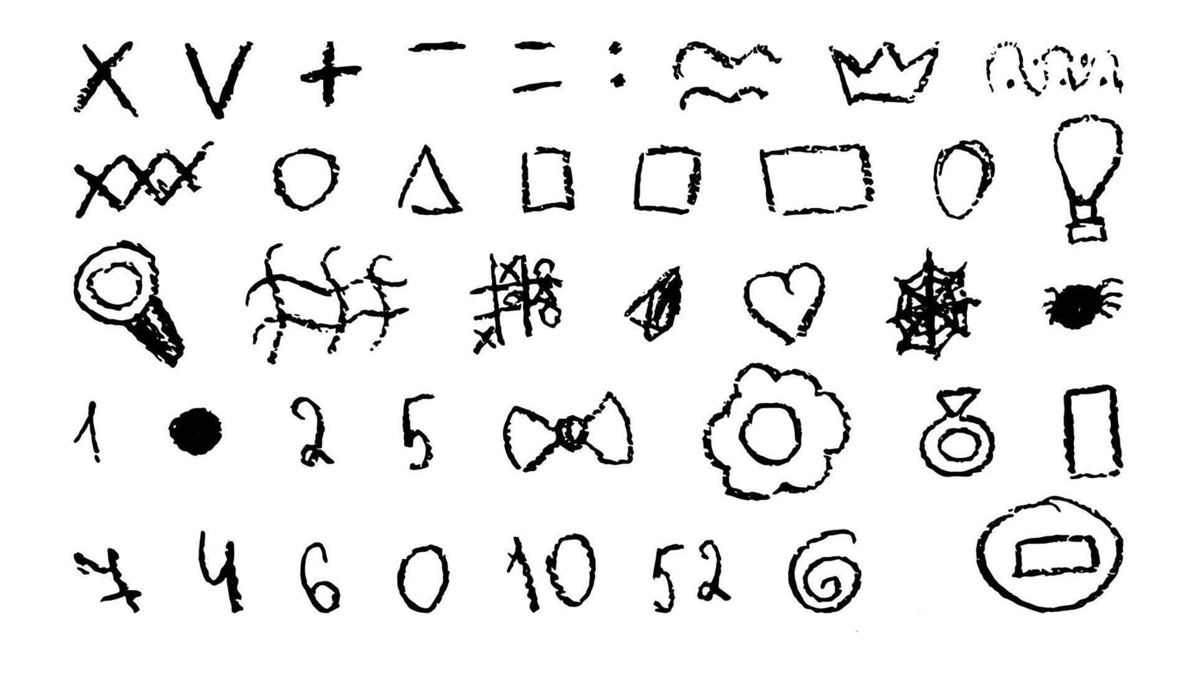 Doodles with the texture of wax chalk. Set elements imitating child drawing. Numbers triangles geometric shapes. Doodles abstract shapes. illustration. vector
