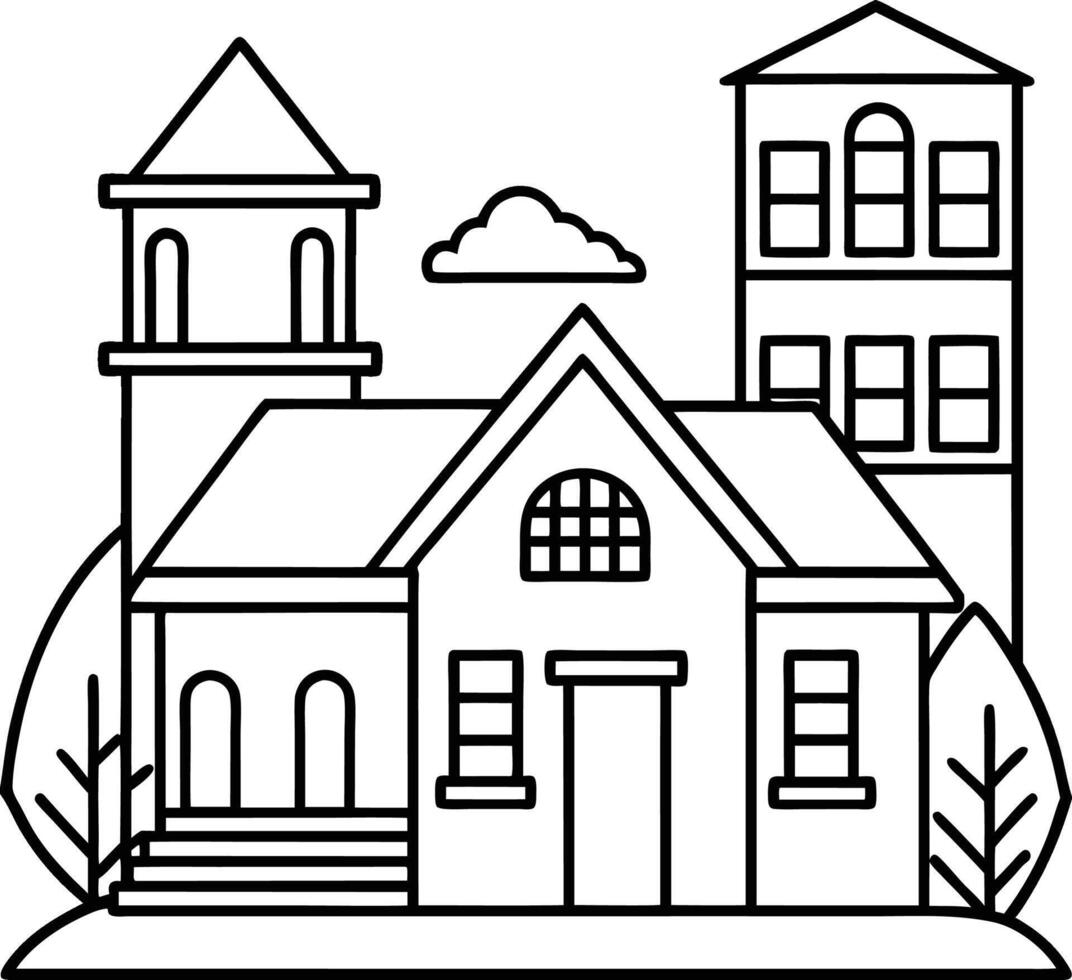 White and Black building and house coloring page vector