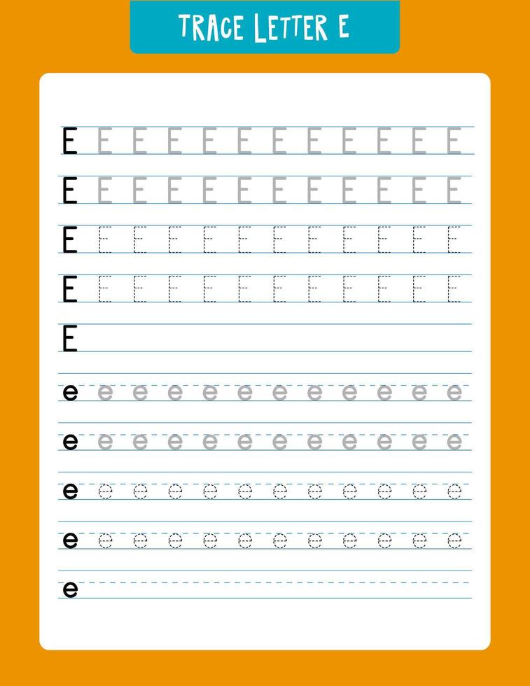 Alphabet Letter E Tracing Worksheet for Kids Educational Learning Tool Homeschool Writing Practice Printable Activity Sheet vector
