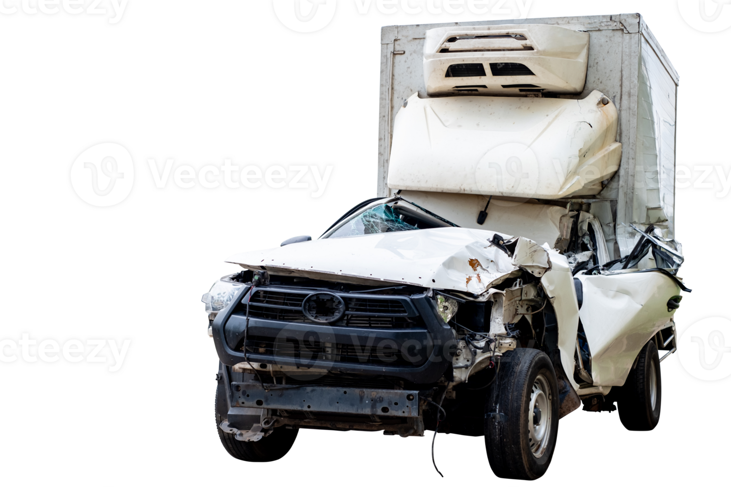Full body front and side view of white delivery car get damaged by accident on the road. damaged cars after collision. Isolated on transparent background, File png