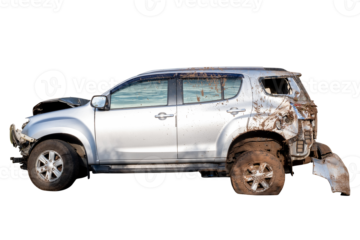 Front of white car get damaged by accident on the road. damaged cars after collision. isolated on transparent background, File png
