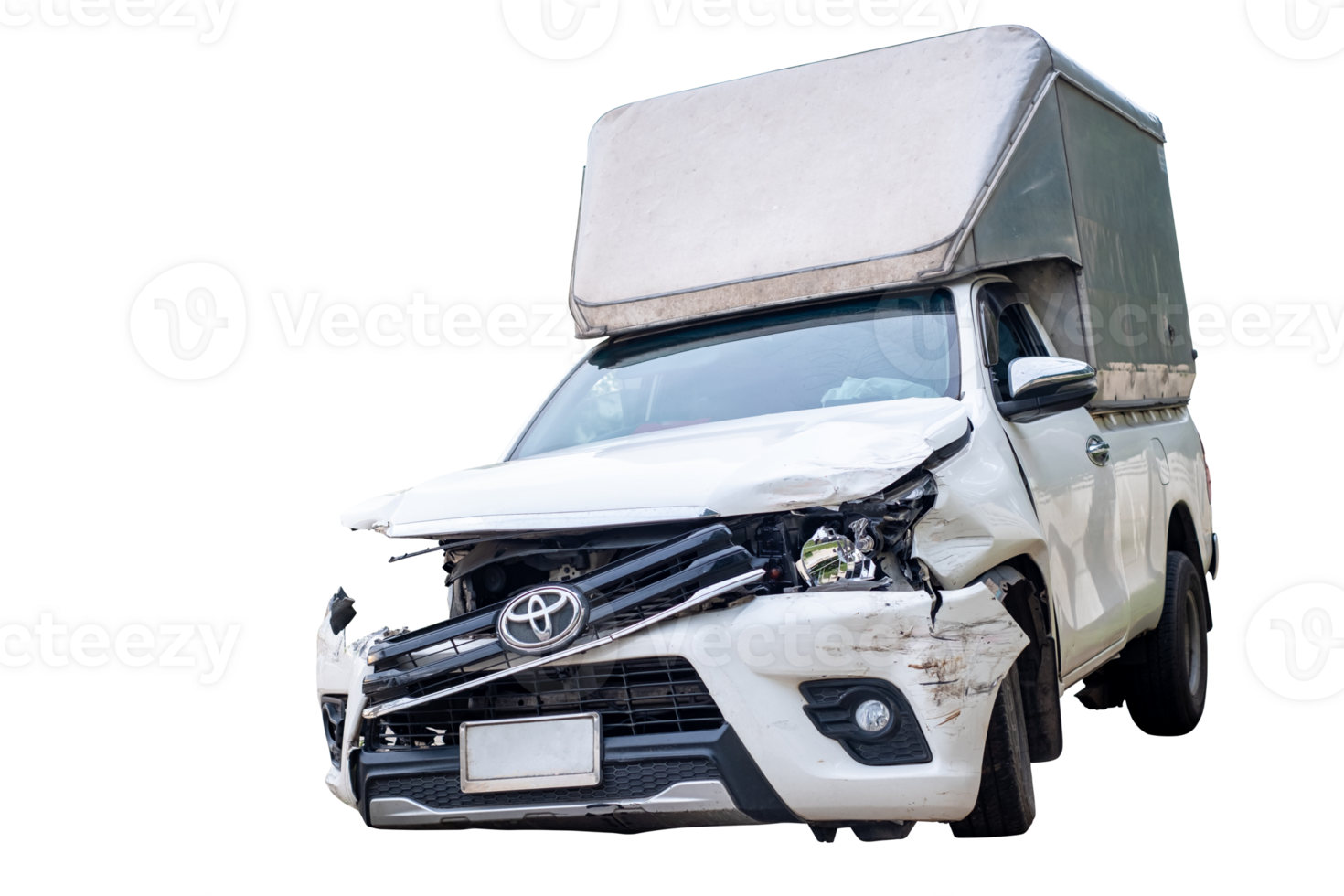 Full body front and side view of white delivery car get damaged by accident on the road. damaged cars after collision. Isolated on transparent background, File png