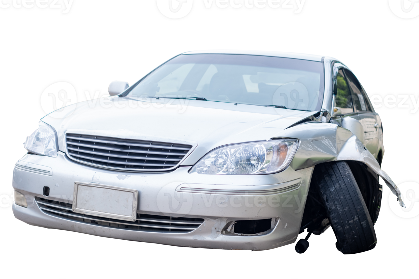 Full body front and side view of white car get damaged by accident on the road. damaged cars after collision. Isolated on transparent background, File png