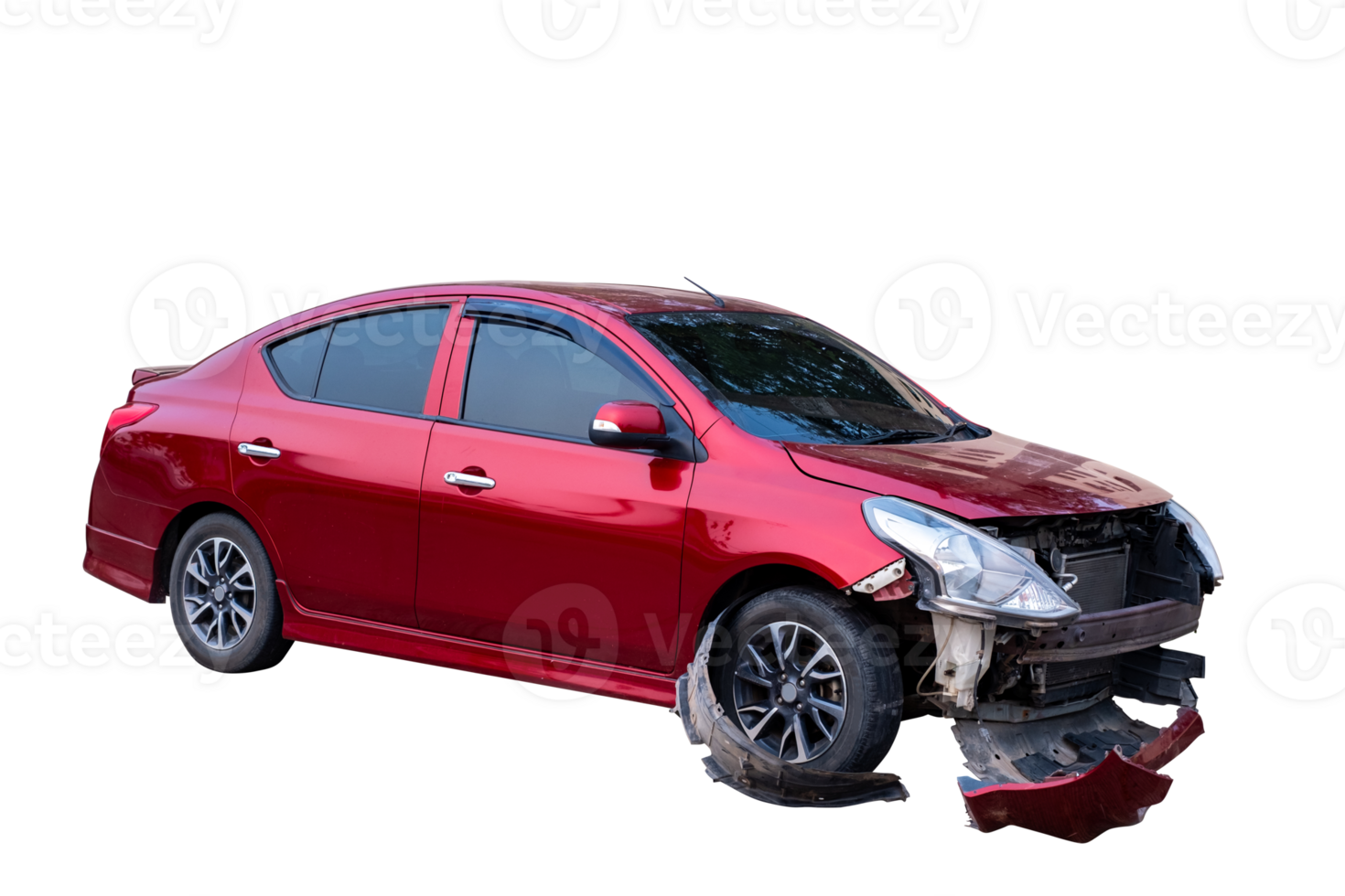 Car crash, Full body front and side view of red car get damaged by accident on the road. damaged cars after collision. Isolated on transparent background, car crash broken, File png