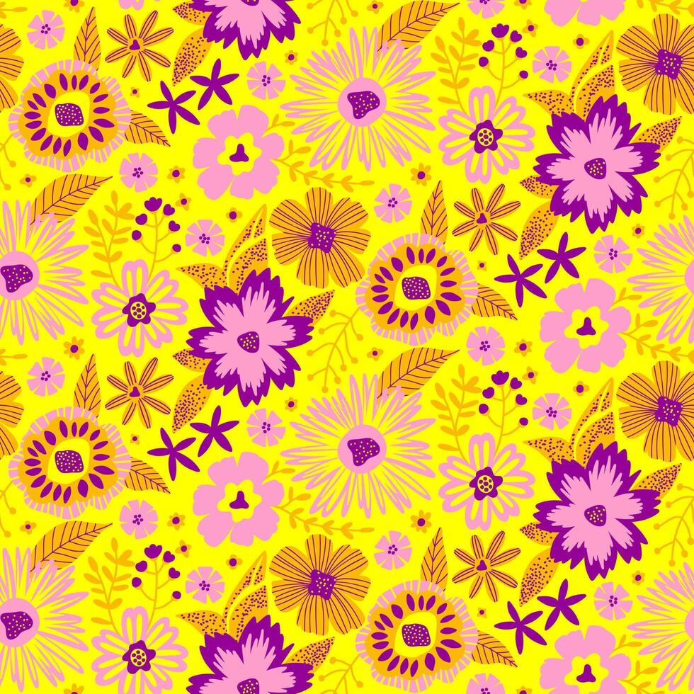Floral Seamless Half Drop Pattern with Fantasy Leaves and Flowers in Yellow, Pink and Purple. Repeat Wallpaper Print Texture for Scrapbooking Craft Paper, Textile, Fabric, Gift Wraps, Package Design. vector
