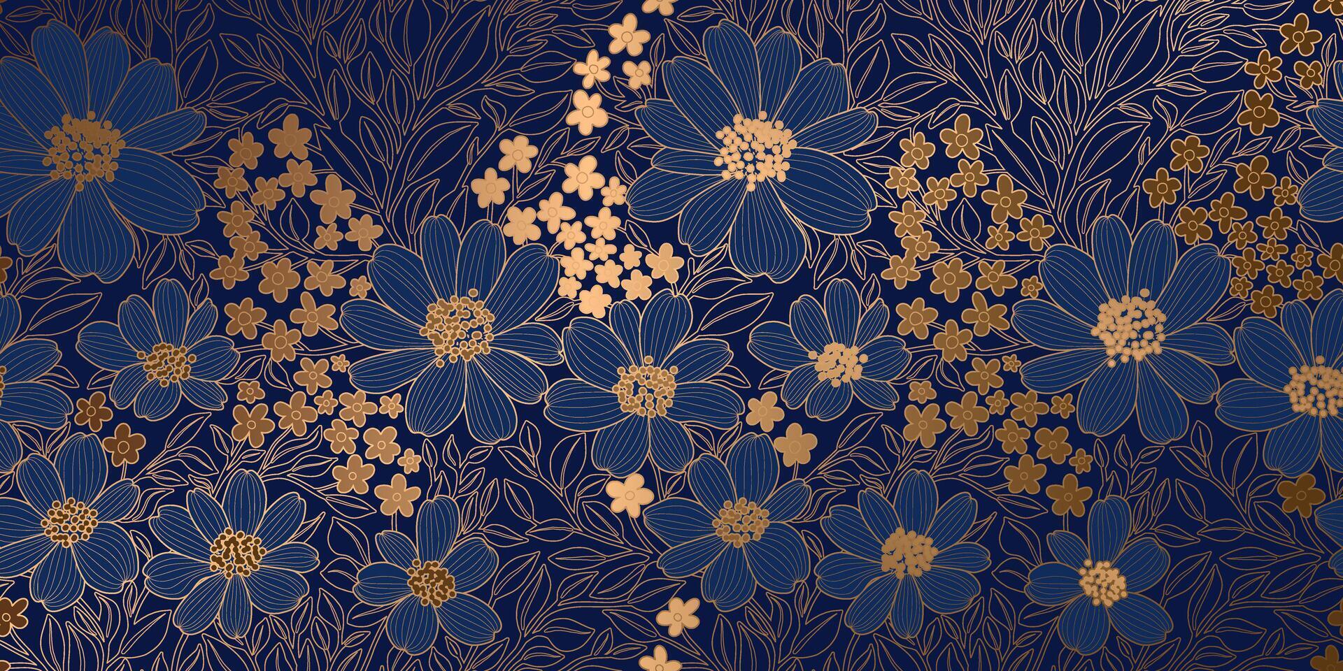Floral Pattern of Gold Metallic Contour Flowers and Leaves on a Dark Navy Blue Backdrop. Luxurious Art Deco Wallpaper Design for Print, Poster, Cover, Banner, Invitation, Package, Beauty Products. vector
