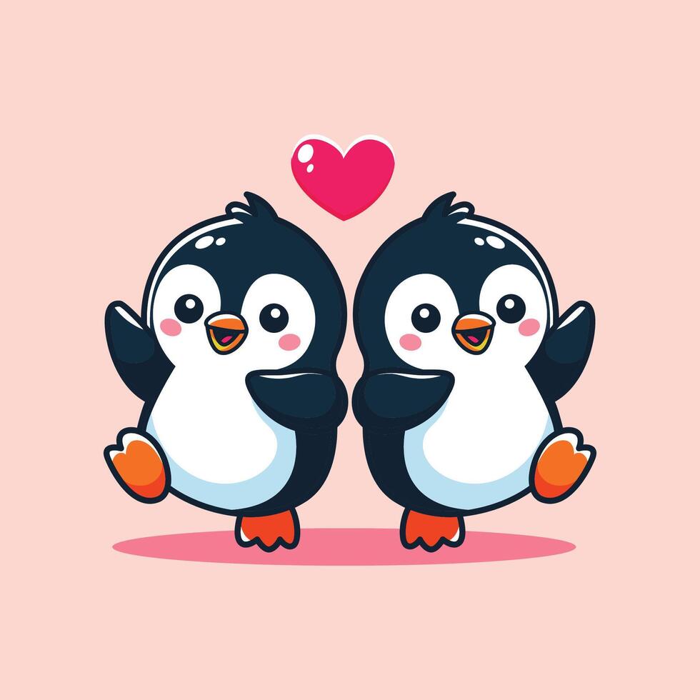 cute penguin couple with heart love cartoon illustration graphic design vector
