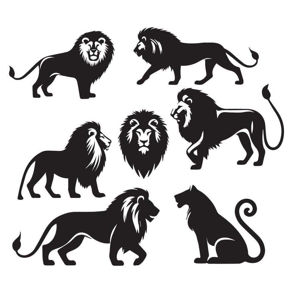Lion set. Collection of illustrations of black silhouettes of lions. vector