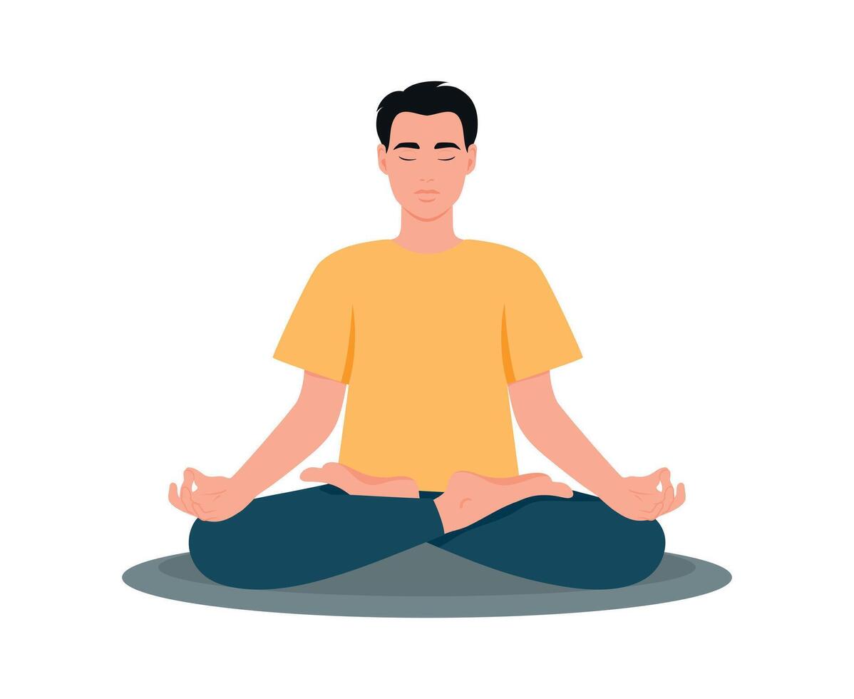 Young man sitting in lotus pose. Meditating male with closed eyes isolated on white background. illustration vector