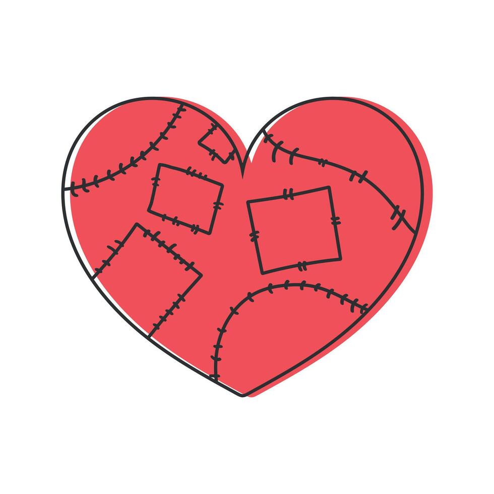 Stitched heart emblem logo. Red heart with patches isolated on white background. illustration vector