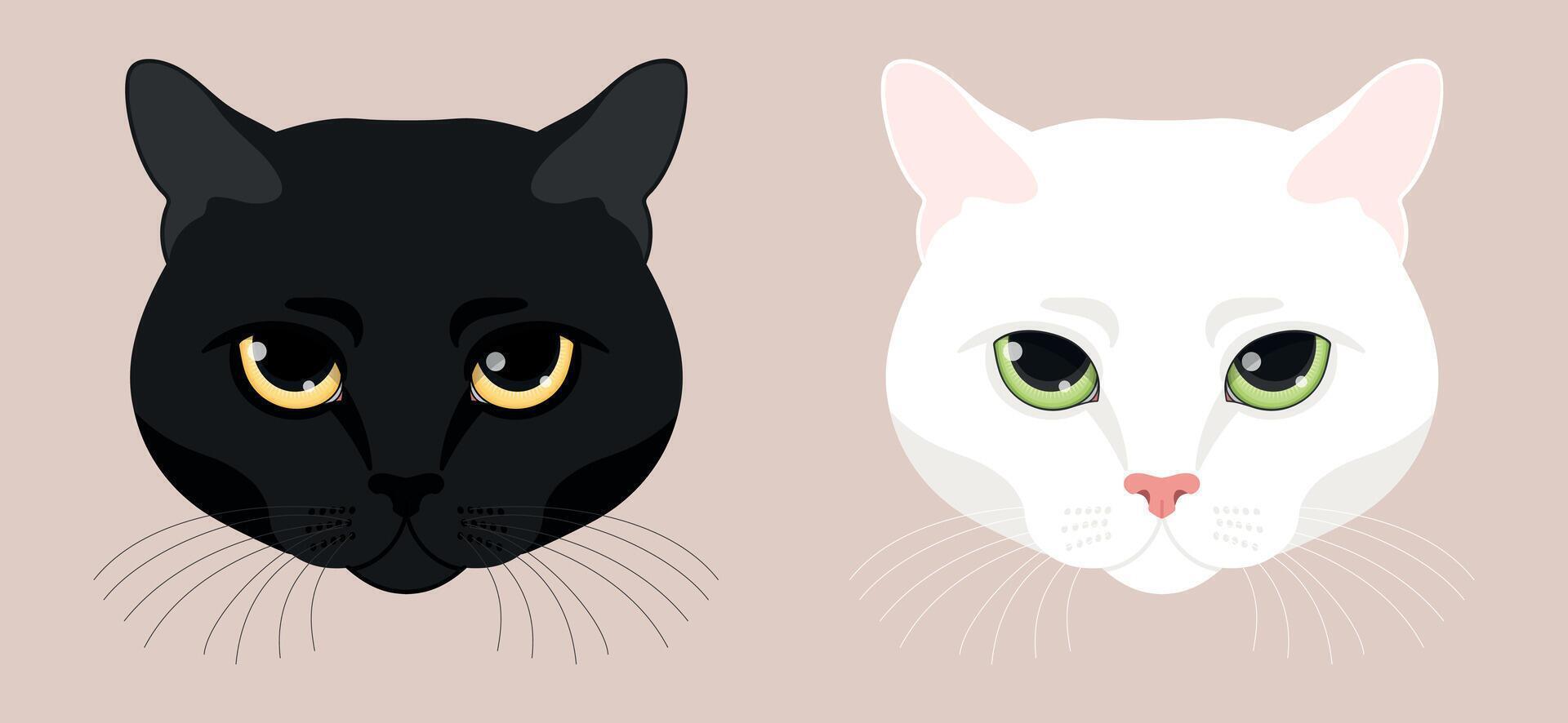 Black cat and white cat heads. Feline face. Cat with green eyes and yellow eyes. illustration vector
