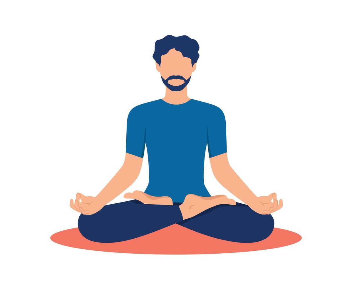 Faceless bearded man sitting in lotus pose. Meditating male with beard. illustration vector