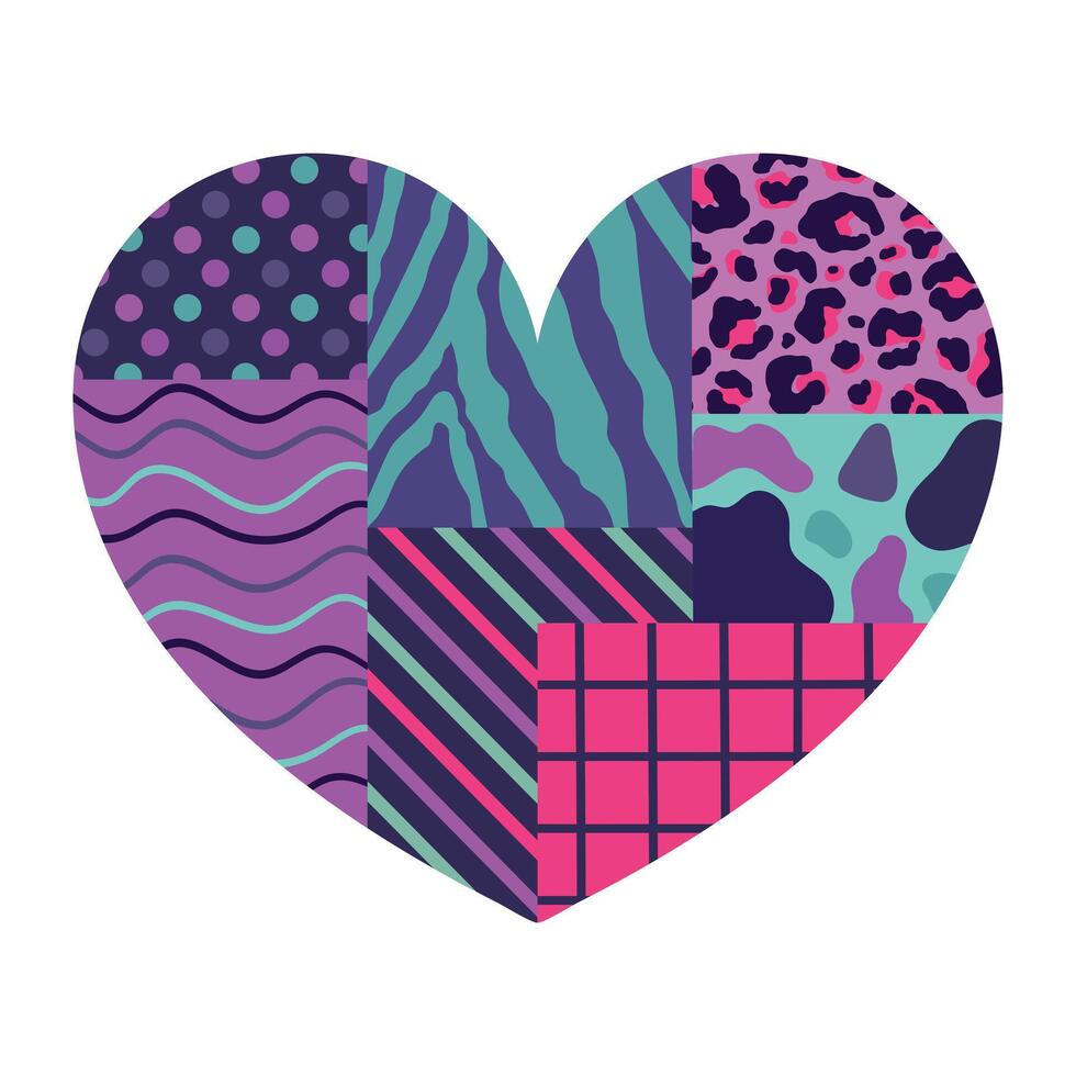 Heart made of different patterns in bright neon colors. Heart made of patches with various ornament leopard and zebra print, dots, wavy lines. illustration vector